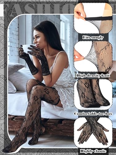Image of Geyoga 2 Pcs Lace Fishnet Stockings Tights Floral Gloves Black Suspender Pantyhose Long Gloves for Women Halloween Cosplay