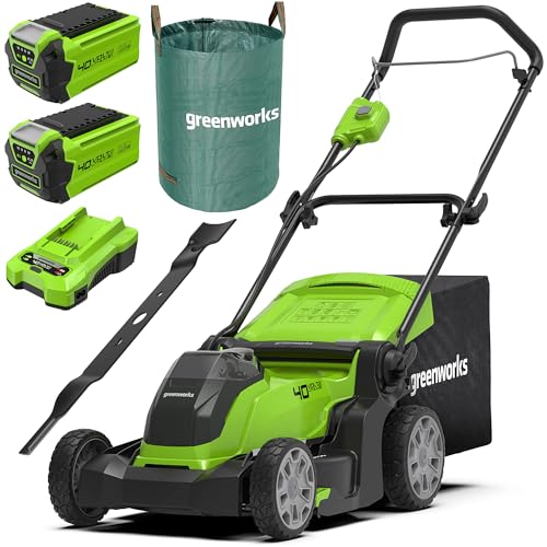 Greenworks Cortacésped de Batería, Ancho de Corte 41 cm, MÁS Dos Baterías de 40V 2Ah y Un Cargador, Garantía de 3 Años + Bolsa de residuos de jardín 120l + Cuchilla de Repuesto Original de 41 cm