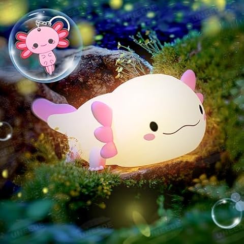 UNEEDE Axolotl Night Light for Kids with Axolotl Keychain,Animal Silicone Nursery Night Lamp, Rechargeable Table Lamp Bedside Lamp,Cute Room Decor Night Light for Bedroom,Desk Decorations,Gift Cover