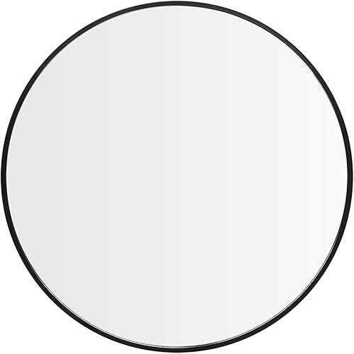 BEHOME Espejo redondo negro de 36 x 36 pulgadas, espejo montado en la pared, espejo de baño, aleación de aluminio, espejo de tocador redondo grande,