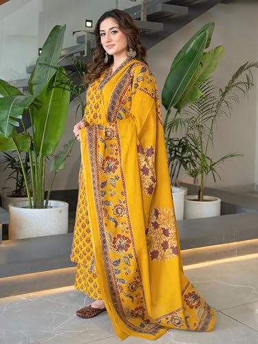 Image of Arayna Women's Pure Cotton Block Printed Ethnic Wear Kurta Set with Palazzo Pants & Dupatta, Mustard Yellow
