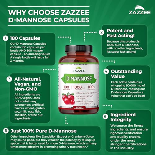 Image of Zazzee D-Mannose, 1000 mg per Serving, 180 Vegan Capsules, 3 Month Supply, Potent & Fast-Acting, Certified Kosher, 100% Pure, All-Natural Urinary Tract Health Support, 100% Vegetarian, Non-GMO