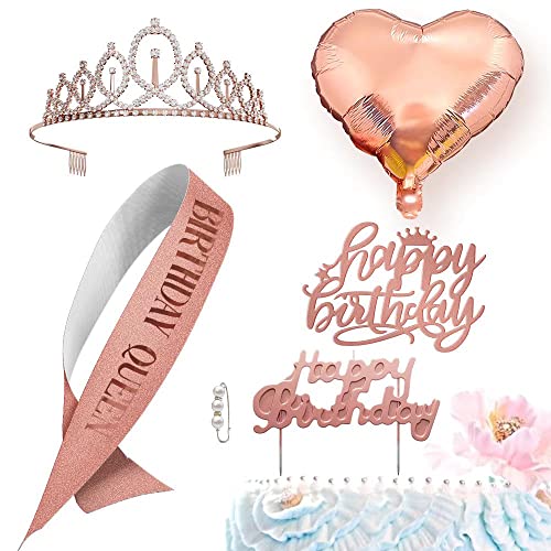 Birthday Gifts Decorations for Women - Birthday Cake Topper, Balloons, Birthday Queen Sash with Pearl Pin, Tiara Crown and Candle Set, Rose Gold (Queen Birthday Decor)