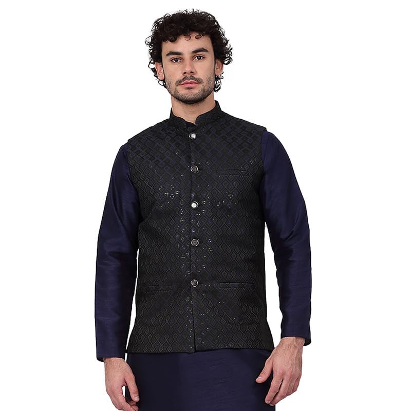 Image of KRAFT INDIA Men's Embroidered Sequins Jacquard Nehru Jacket