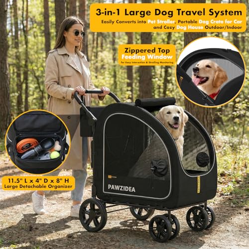 Image of PAWZIDEA 3-in-1 Dog Stroller for Large Dogs with Detachable Carrier up to 100lb, 45% Extra Tall Dog Car Crate Sit Upright, Foldable Pet Stroller for 2 Medium Dogs All-Terrain Jogger, Adjustable Handle