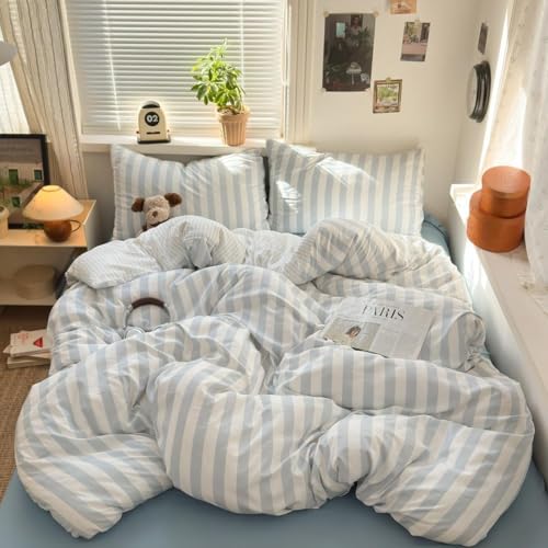 Image of Striped Duvet Cover Queen Size Blue White Stripes Reversible Bedding Set Vertical Striped Duvet Cover Set Soft Lightweight Microfiber Quilt Cover with Zipper Closure and 2 Pillowcases