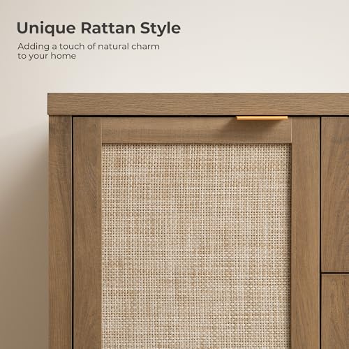 Image of SICOTAS Rattan 52 Inch Sideboard Buffet Coffee Bar Cabinet with 3 Drawers | 2 Pieces Farmhouse Boho Credenza Storage Cabinet with Large Storage, Console Table for Living Room, Kitchen, Entryway