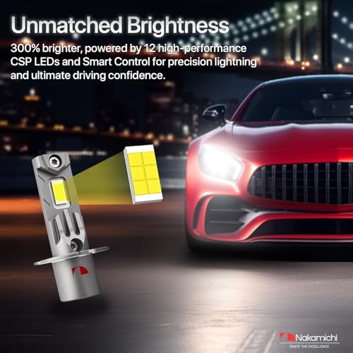 Image of Nakamichi GS810 Series H1 LED Headlight Foglight Light Bulbs for Replacement, 12,000 Lumens 44W Per Set, Warm White, Plug and Play, 1:1 Beam, Pack of 2, 3000K, H1