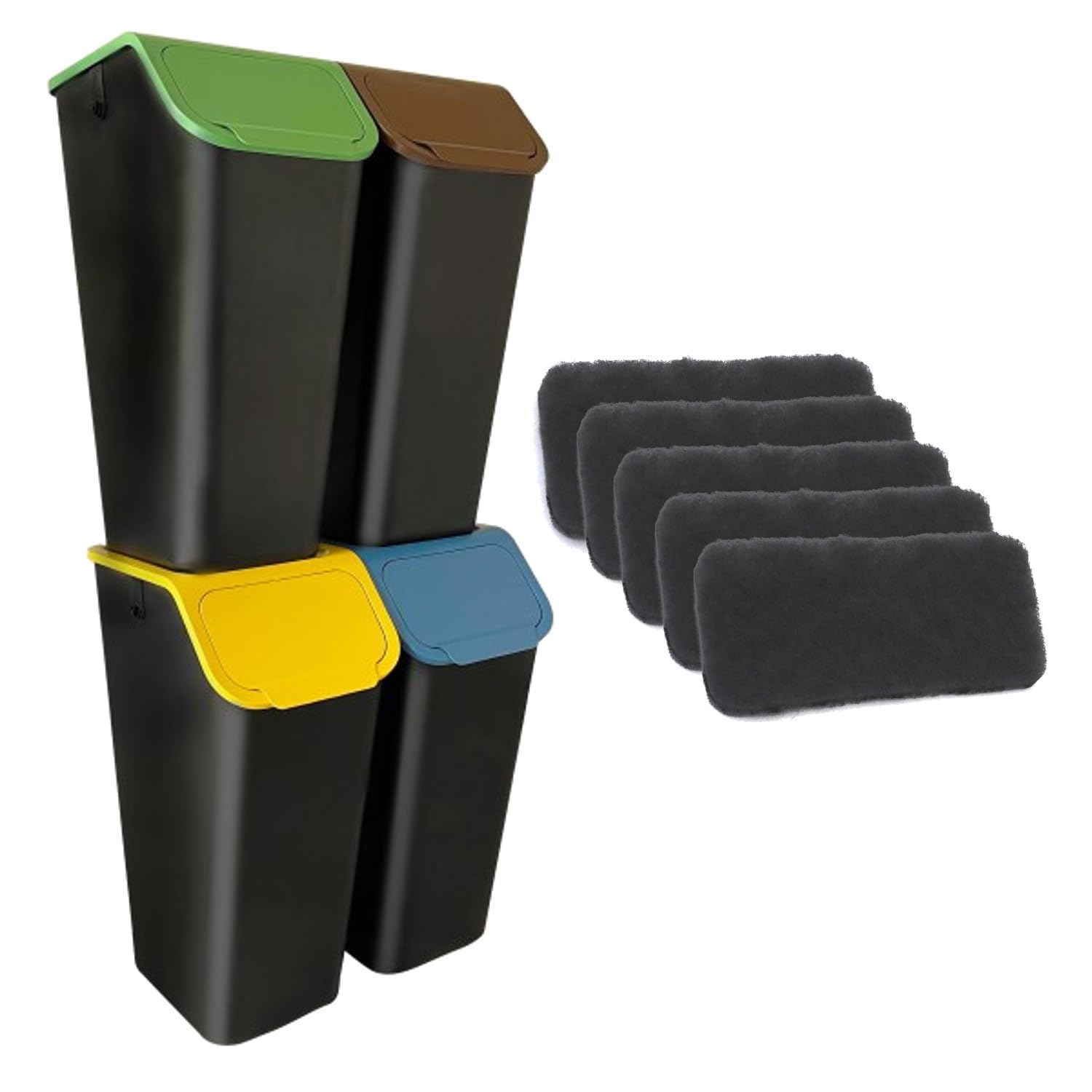 BINI Selektywne sortowanie pojemników 4 x 35 L kosze na śmieci z recyklingu do układania w stosy filtry węglowe antyzapachowe kompaktowa konstrukcja kuchnia dom plastik papier ścierny bioodpady