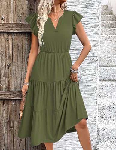 Image of ZEAGOO Womens Summer Casual Dresses Ruffle Sleeve V Neck Midi Dress Flowy Tiered Dress with Pockets Boho Sundresses