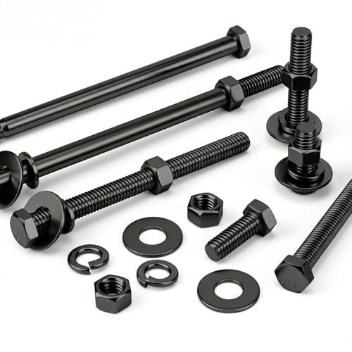 Image of Mellewell 3 /8-16 x 1-1 /2 inch Hex Head Screws Bolts, Nuts, Flat & Lock Washers, Fully Threaded, Stainless Steel 18-8, Black Finish, 6 Sets