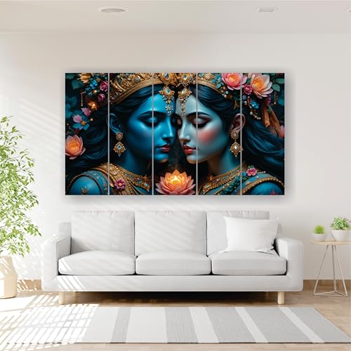 Image of RAVLEX Radha Krishna Wall Painting for Living Room, Wooden Framed UV Printed Wall Art for Bedroom, Office, Hotel, Drawing Room and Home Decor, 5 Panel Painting, 24 x 48 Inch