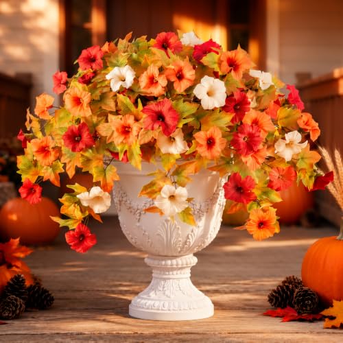 Image of Lewondr Artificial Fall Hanging Flowers UV Resistant Silk Petunias, Mixed | White & Orange Morning Glory, No Watering Needed, Fade Proof, for Porch Patio Yard Baskets, Autumn Decor, Indoor Outdoor Use