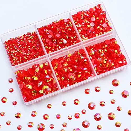 Briskbloom 3000PCS Resin Flatback Rhinestone, 2mm 3mm 4mm 5mm 6mm Red AB Flatback Jelly Resin Rhinestones for Tumblers, Mugs, Bottles, Craft Decoration, Loose Bling Glitter Gem Stone