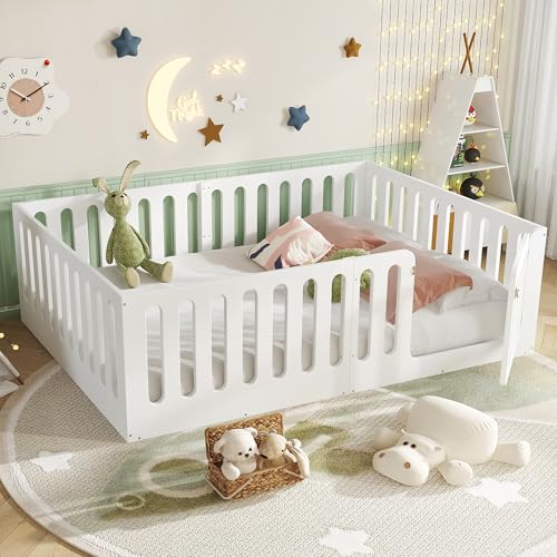 Image of Bellemave Full Size Kids Montessori Floor Bed,Full Size Floor Bed Frame with High Fence and Door,Solid Wood Montessori Bed for Girls Boys,White