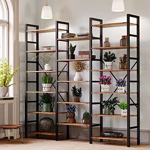 Ironck Triple Wide Bookcases And Bookshelves 6 Tiers Industrial Bookshelf, Large Open Display Shelves With Metal Frame For Living Room Bedroom Home Office， Vintage Brown #TOP2