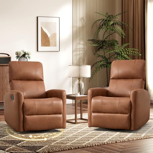 Image of HAOMARKETS Swivel Rocker Recliner Chair Set of 2, Manual Faux Leather Glider Rocking Recliners for Adults, 360 Swivel Nursery Reclining Sofa with Padded Backrest for Living Room, Dark Brown