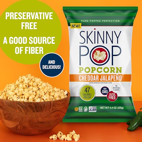 Image of SkinnyPop Cheddar Jalapeno, 4.4oz Grocery Size Bags, Skinny Pop, Healthy Popcorn Snacks, Gluten Free (Pack of 2)