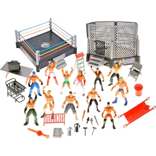 PowerTRC 32 Pieces Wrestling Toys, Wrestler Play Set with 2 Wrestle Rings (Hexagon & Square), 12 Wrestlers, 18 Accessories, Toy Figures Cake Topper Birthday Party Decoration Gift Toy for Kids