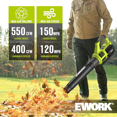 EWORK 21V Cordless Leaf Blower, Powerful Turbo Mode & 550 CFM, 2×3.0Ah Batteries & Fast Charger, Lightweight Electric Leaf Blowers for Lawn Care, Patio, Leaves & Dust