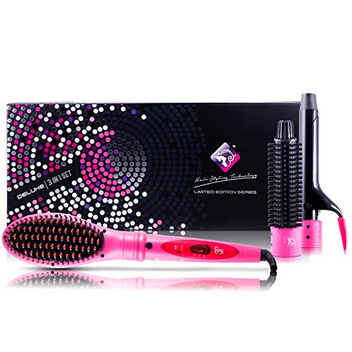 Professional Hairstyling Royale 3 Piece Straightener Brush Set – Interchangeable Attachments - Volumizes, Straightens and Curls - Tourmaline Technology – Pink
