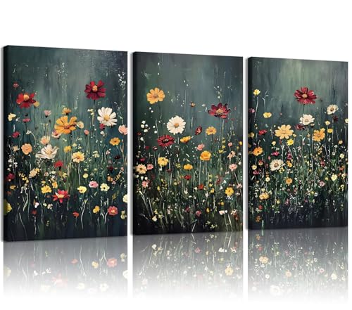 EEYNAQQ Dark Green Wildflower Wall Art, 3-Piece Moody Floral Canvas Painting, Colorful Flower Wall Decor for Living Room Bedroom Bathroom, 12x16 Inches Ready to Hang