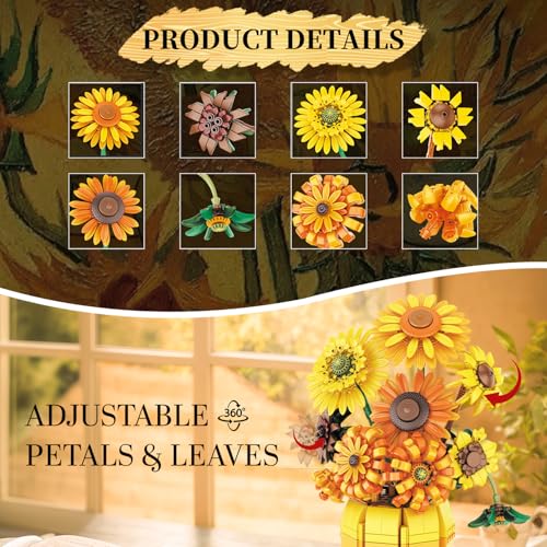 Image of Flowers Building Set for Adults Teens, Van Gogh Art Botanical Collection for Woman Girls 14+, Sunflower Pot Bouquet Plant Kit Compatible with Lego, Home Decor Valentines 1009PCS