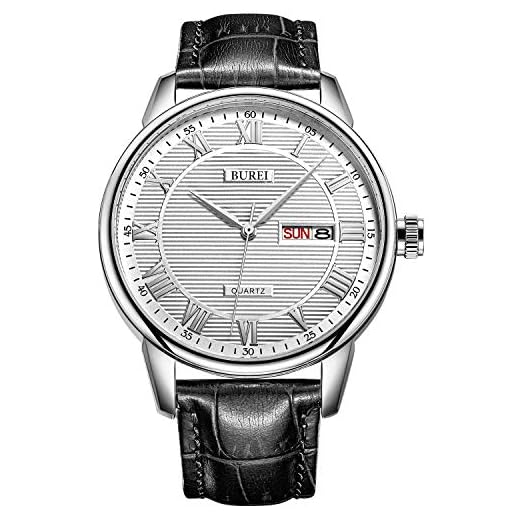 BUREI Classic día y Fecha Unisex Reloj con números Romanos y Negro Dial de Banda marrón (Blanco-Negro)