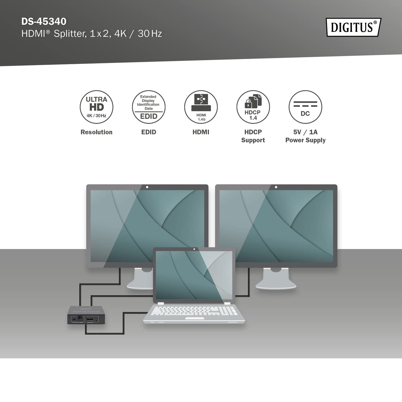 Digitus DS-45340 Splitter HDMI 1x2 - Ingresso: 1 porta/Uscita: 2 porte - UHD 4K/30 Hz - HDCP 1.4 e HDMI 1.4b - Deep Colour, EDID switch, protezione ESD