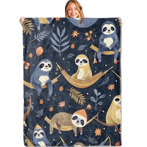 MIEPOS Cute Sloth Throw Blanket 50x60in Soft Lightweight Flannel Adorable Leaf Dark Blue Blankets - Gifts for Kids & Animal Lovers for Couch Office Travel Home Living Room Decor