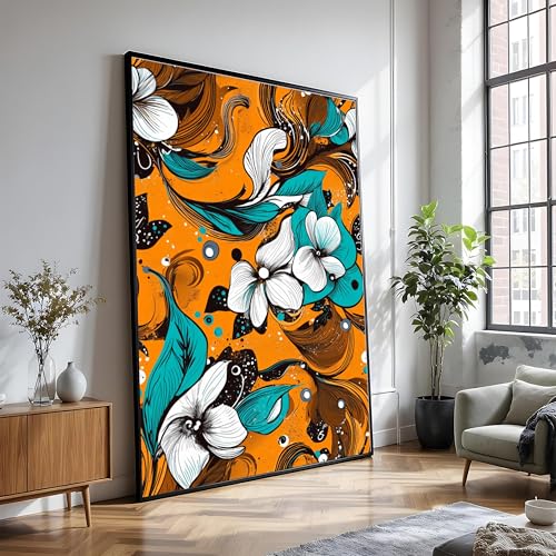 Décoration florale orange et bleue pour grand salon moderne