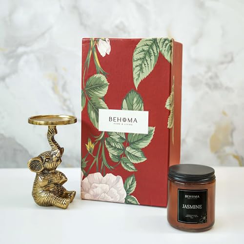 Image of BEHOMA Baby Elephant Candle Holder with Jasmine Scented Candle Jar | Handcrafted Gold Aluminum Gift Set with Natural Wax Candle for Home Decor, Housewarming, Christmas & Wedding Gifts