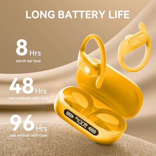 Image of occiam Wireless Earbuds Bluetooth Headphones Ear Buds 96Hrs Playback Sport Over-Ear Waterproof Wireless Headphones Earphones with Earhooks ENC Mics Clear Call for Sport Running Workout (Yellow)