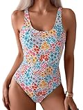 MakeMeChic Women's One Piece Swimsuit Floral Print Cut Out Knot Back Square Neck Bathing Suit Multicolored Small