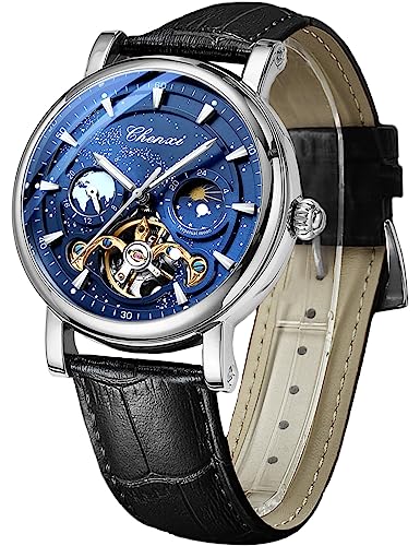 FORSINING Men's Watch Luminous Starry Sky with Moon Phase Tourbillon, Mechanical Automatic Self-wind Fashion Watches, Stainless Steel Case Leather Belt Wristwatch