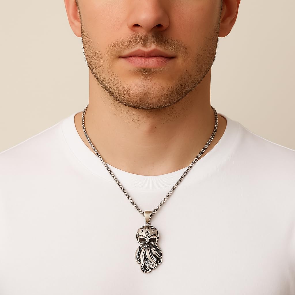 925 Sterling Silver Octopus Necklace Gothic Skull Head Pendant Necklace for Men Women Punk Rock Cosplay Ocean Skeleton Charm Necklace Animal Pirate Jewelry