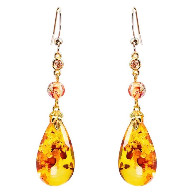 ENESEA Boucles d'oreilles de luxe en ambre naturel - Fleur s925 argent sterling avec crochet en or - Mode Joker femme 1 paire