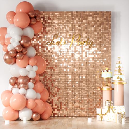 Image of COKAOBE Rose Gold Shimmer Wall Backdrop, 24PCS Square Sequin Shimmer Backdrop Panels, Photo Backdrops for Birthday, Anniversary Wedding Engagement Decoration