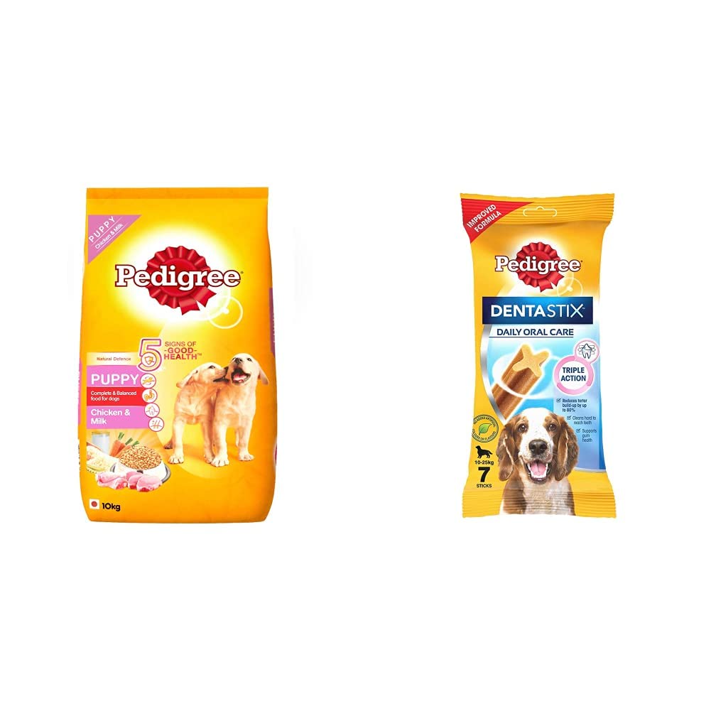 Pedigree Puppy Dry Dog Food, Chicken & Milk, 10kg Pack & Dentastix Medium Breed (10-25 kg) Oral Care Dog Treat, 180g Weekly Pack (7 Chew Sticks) (B0927PMZWR) Amazon Price History, Amazon Price Tracker