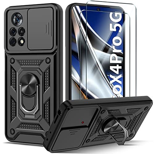 Guisessy Funda para Xiaomi Poco X4 Pro 5G 6.67" Armor Carcasa Cubierta de cámara Deslizante Proteger con 2 Pack Cristal Templado Protector, con 360 Anillo Soporte PC y Silicona TPU Case, Negro Cover
