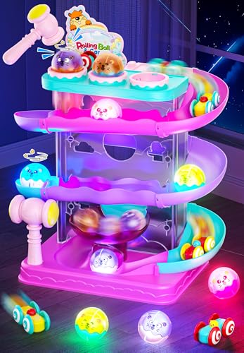 2-in-1 Rolling Ball & Car Ramp Race Track for Toddlers, Hammer Ball Drop Toy for Boys & Girls, Interactive Toys w/Sensor Lights - Montessori STEM Learning Toys - Brithday Gift for Kids 1-5+ Year Old