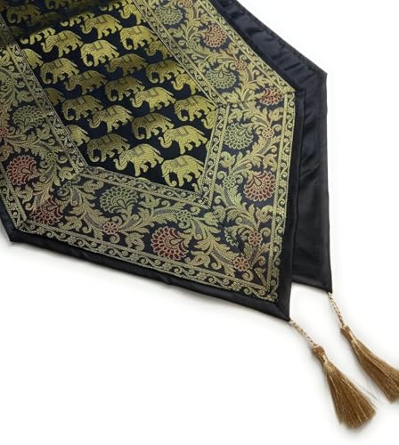 Image of Diwali Room Decor Silk Table Runner Placemats Tea Coaster Set for Living Room 4 to 6 Seater Dinning Table Table Mat Set Centre Table Top Decor Pack of 13 Pcs (Black)
