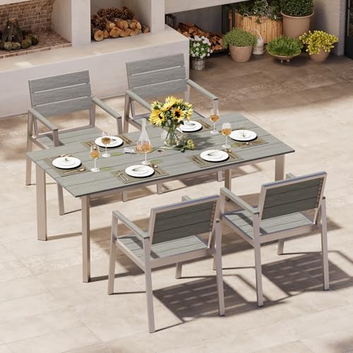 Image of Aluminum 5 Pieces Patio Furniture Set, Outdoor Dining Sets with Umbrella Hole Wood-Like Table and 4 Chairs, Silver & Gray