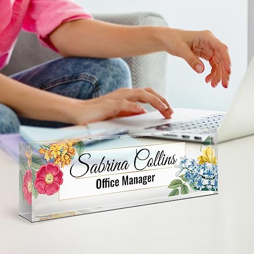 Image of Name Plate for Desk, Desk Name Plate Personalized, Blue Office Decor for Women Men, Acrylic Desktop Accessories, Office Gifts for Boss Nurse Teacher Coworker, Employee Appreciation Gift (Flowers B)