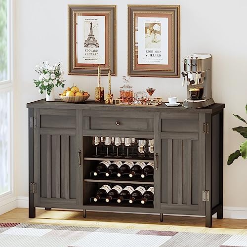 FATORRI Buffet Cabinet with Storage, Farmhouse Coffee Bar Cabinet with Wine Rack, Rustic Wood Sideboard and Wine Cabinet for Kitchen Dining Room (55.12 Inch, Walnut Brown)