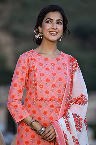 Image of Vaamsi Women's Cotton Blend Floral Straight Kurta Pant With Dupatta