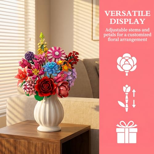 Flowers Building Blocks Set, 14 Style Compatible with Lego Flowers Bouquet Rose Floral Plant Collection, 1329 Pcs Toy Home Office Decor for Adults Women Girls Thanksgiving Day Birthday Gifts - image 5