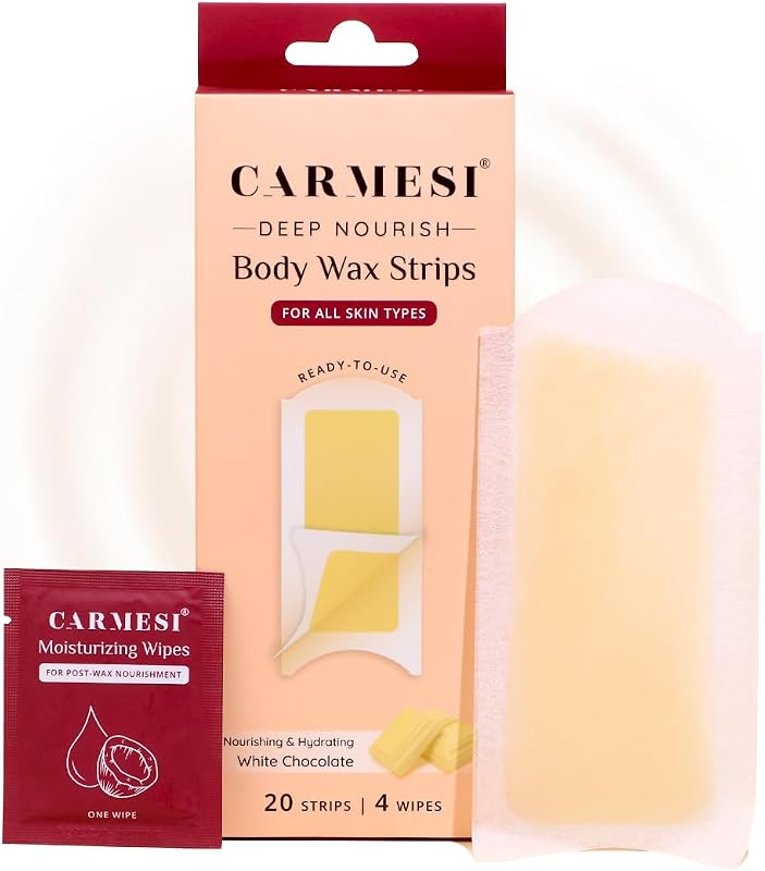 Carmesi Tiras de cera corporal WhiteChocolate, 20 tiras e 4 lenços pós-depilação