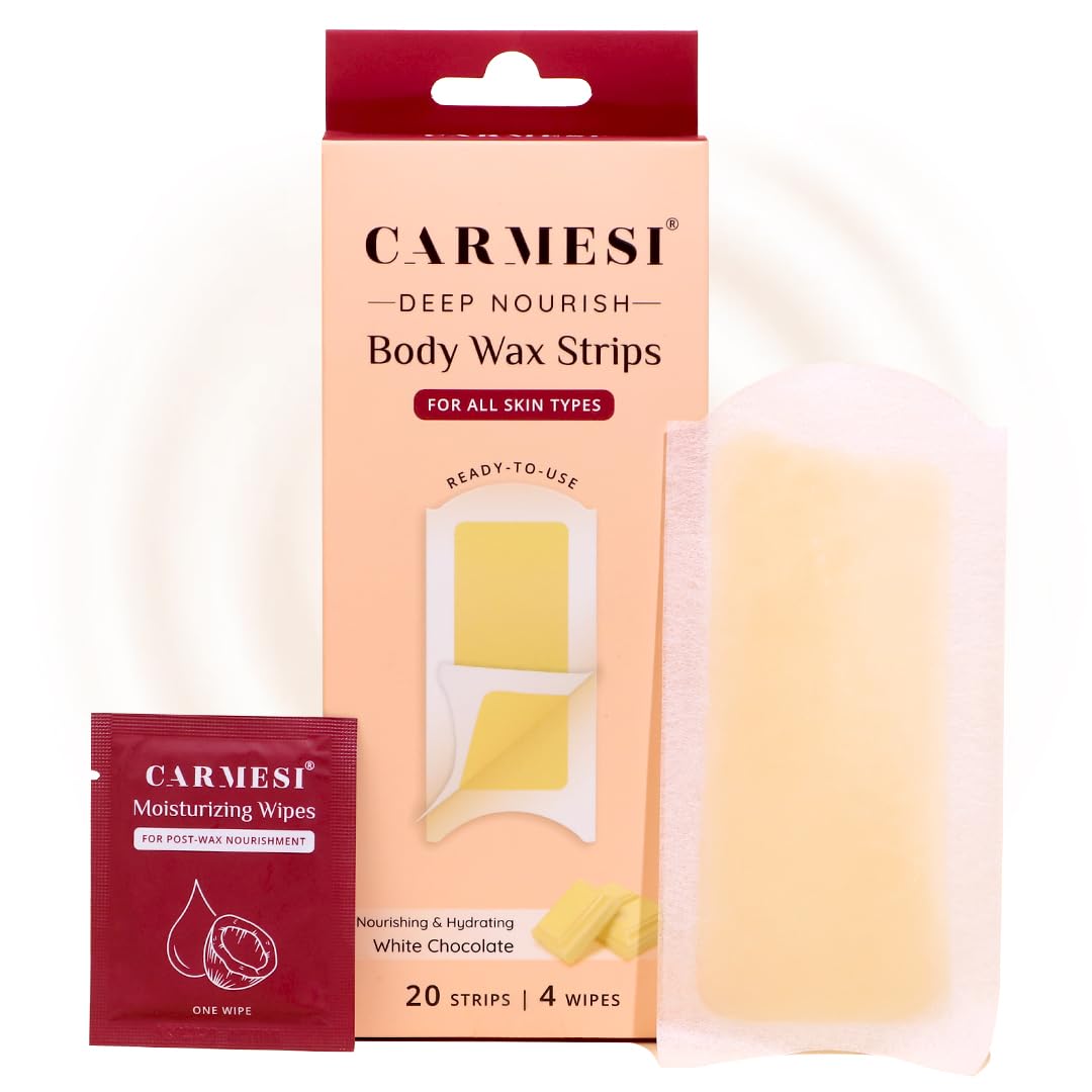 Carmesi Deep Nourish Body Wax Strips | 20 Wax Strips & 4 Post-Wax Wipes | White Chocolate Enriched | Safe for All Skin Types | Cold Waxing for Women’s Hair Removal for Arms, Underarms, Legs & Bikini Area