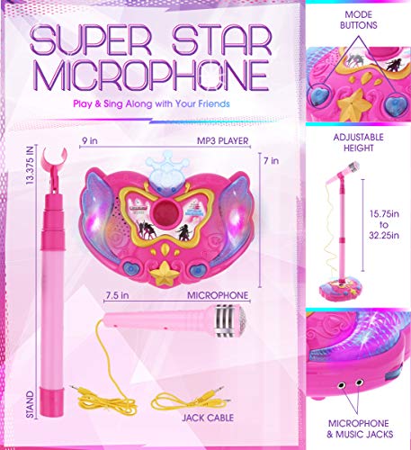 Mozlly Super Star Playset Karaoke For Kids - Pink Microphone With Adjustable Mic Stand, Buit-In Jack & Speaker For Mp3 Player, Play And Sing Along With Music & Lights, Karaoke Entertainment For Kids #TOP1